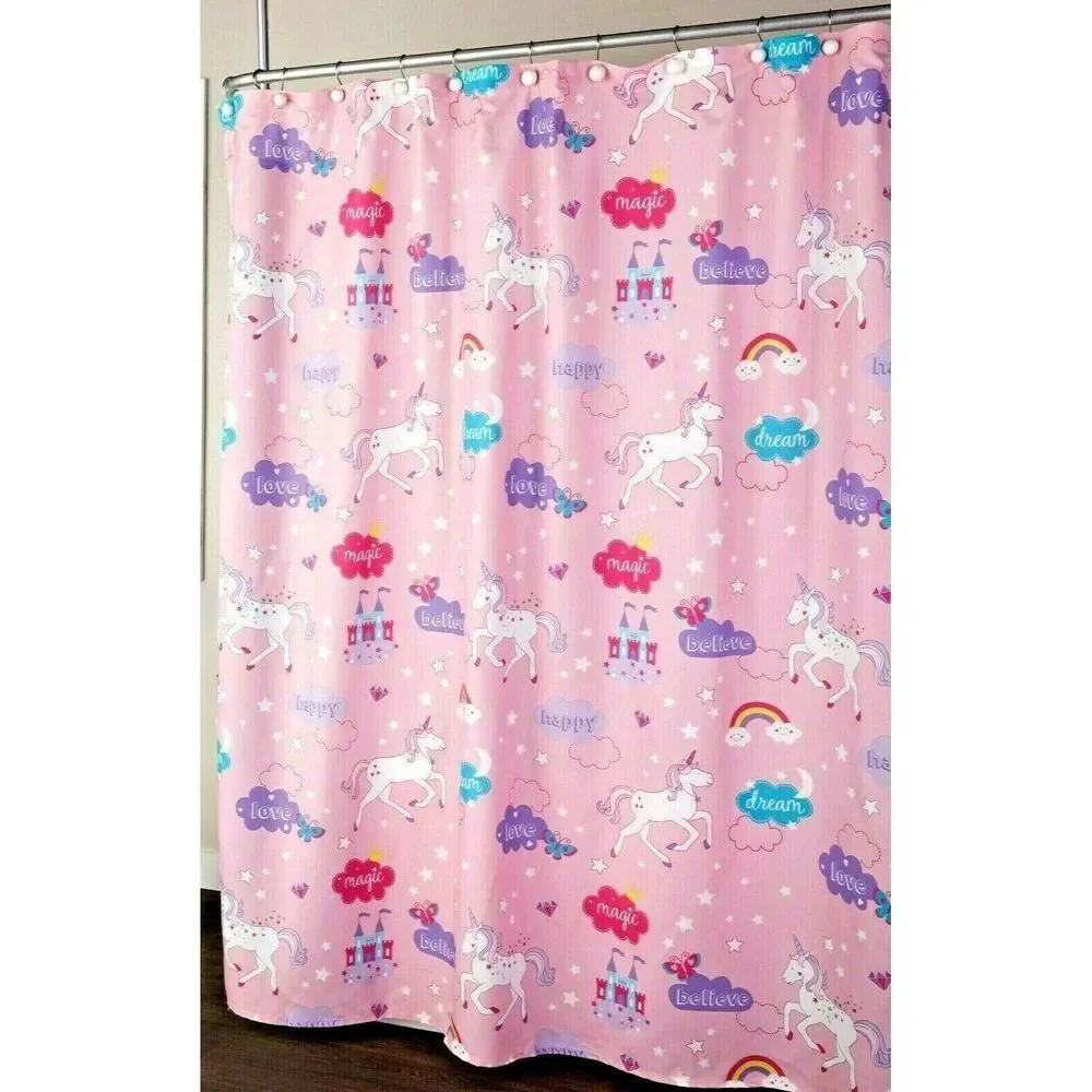 Fairytale Unicorn Castle Shower Curtain Fabric Bath Purple Pink Blue Bath NEW